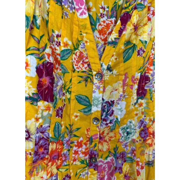 Golden Yellow Floral Plus Sz 28 Cotton Pintucked Button Up Tunic Shirt ROAMAN'S - Picture 2 of 8